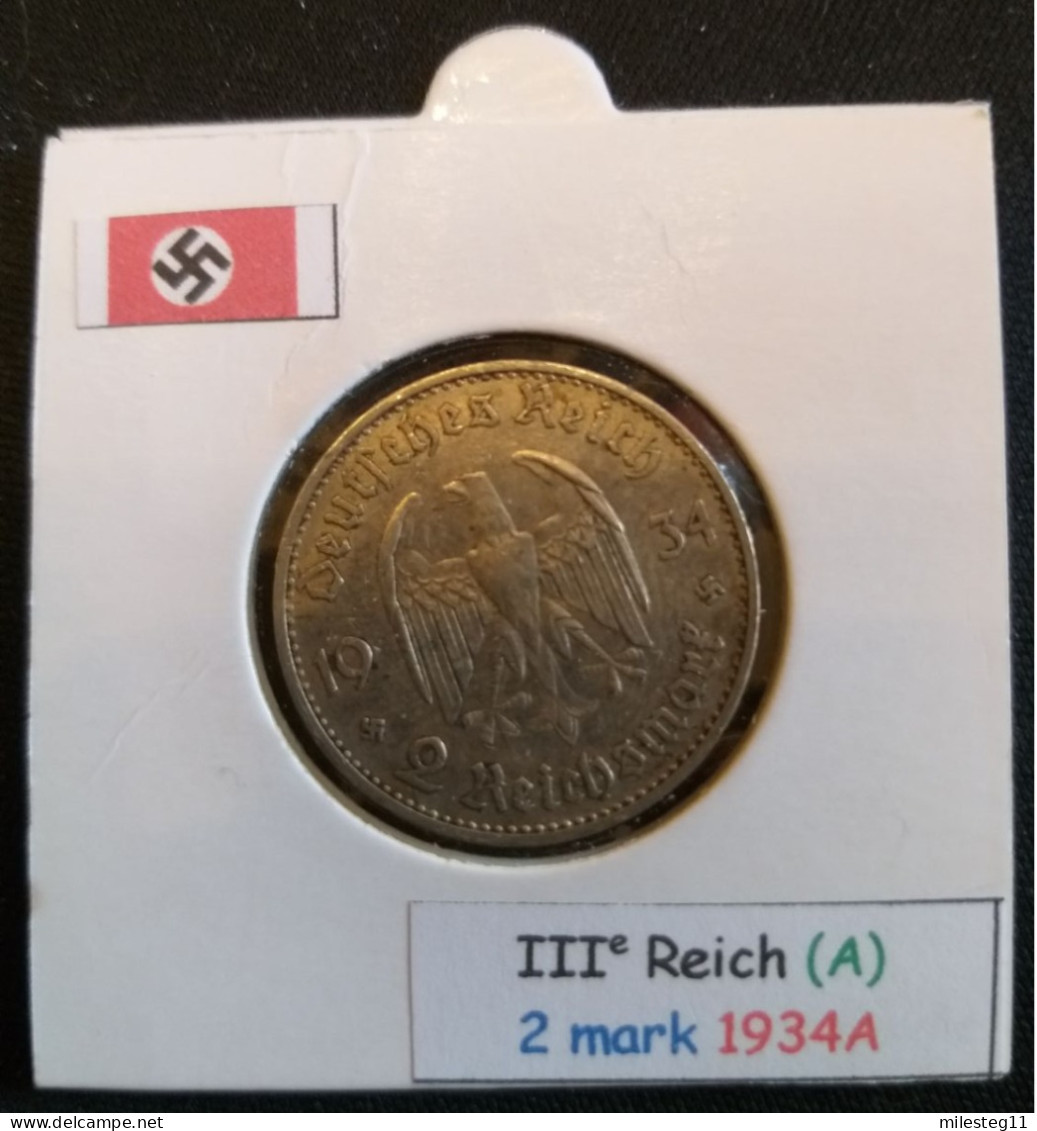 Pièce De 2 Reichsmark De 1934A (Berlin) Eglise De Garnison Avec Date RARE (position A) - 2 Reichsmark