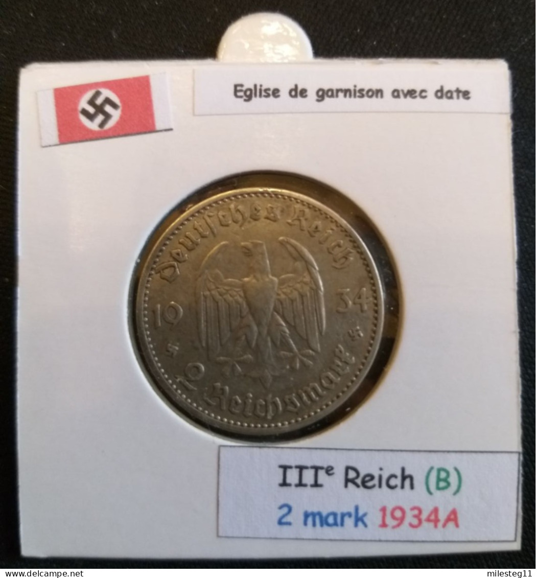 Pièce De 2 Reichsmark De 1934A (Berlin) Eglise De Garnison Avec Date RARE (position B) - 2 Reichsmark