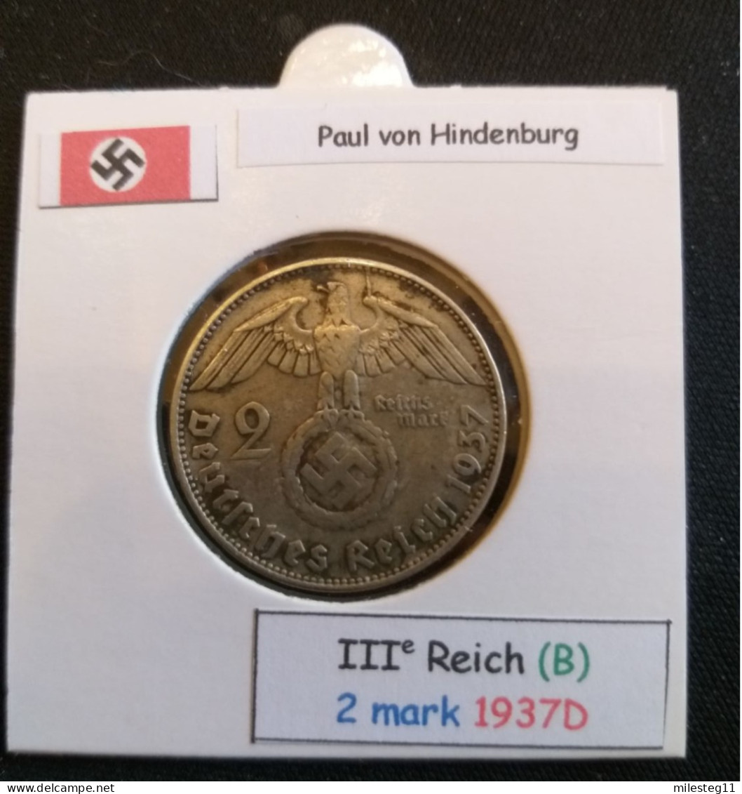 Pièce De 2 Reichsmark De 1937D (Munich) Paul Von Hindenburg (position B) - 2 Reichsmark