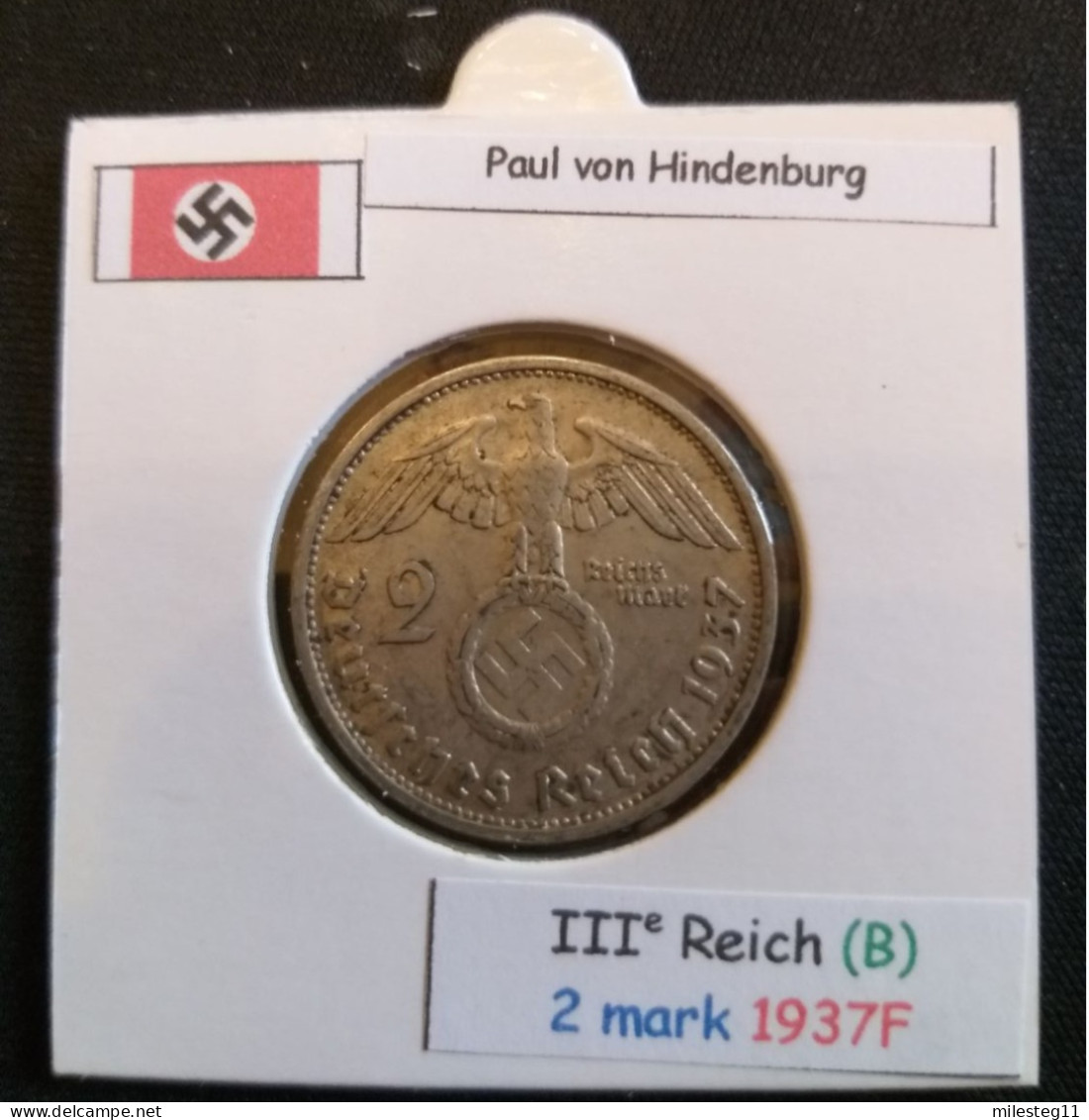Pièce De 2 Reichsmark De 1937F (Stuttgard) Paul Von Hindenburg (position B) - 2 Reichsmark