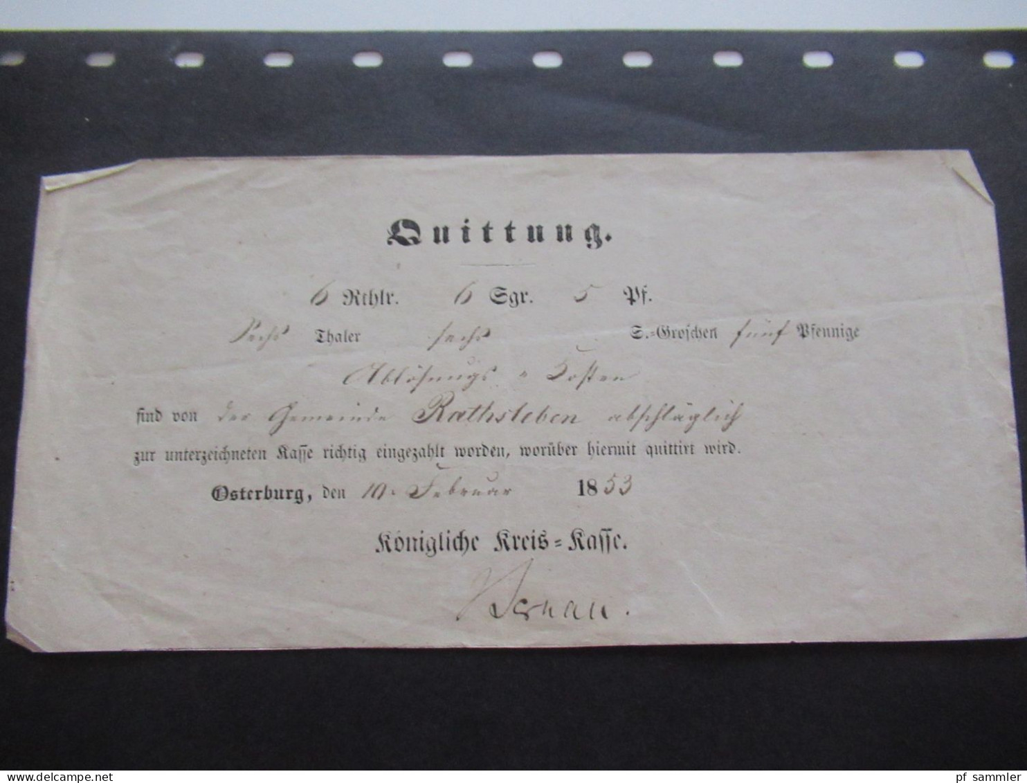 AD Preußen 1853 Und 1854 Quittung / Einzahlung / Gemeinde Rathsleben / Osterburg Altmark - Lettres & Documents