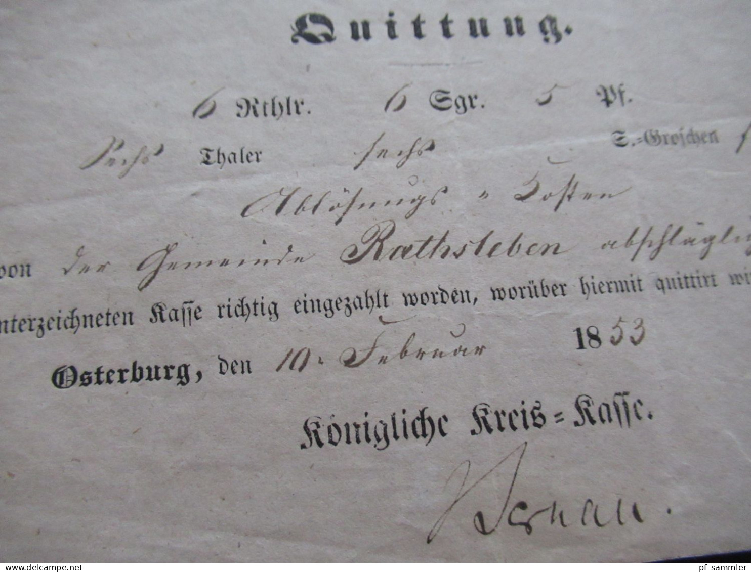 AD Preußen 1853 Und 1854 Quittung / Einzahlung / Gemeinde Rathsleben / Osterburg Altmark - Lettres & Documents