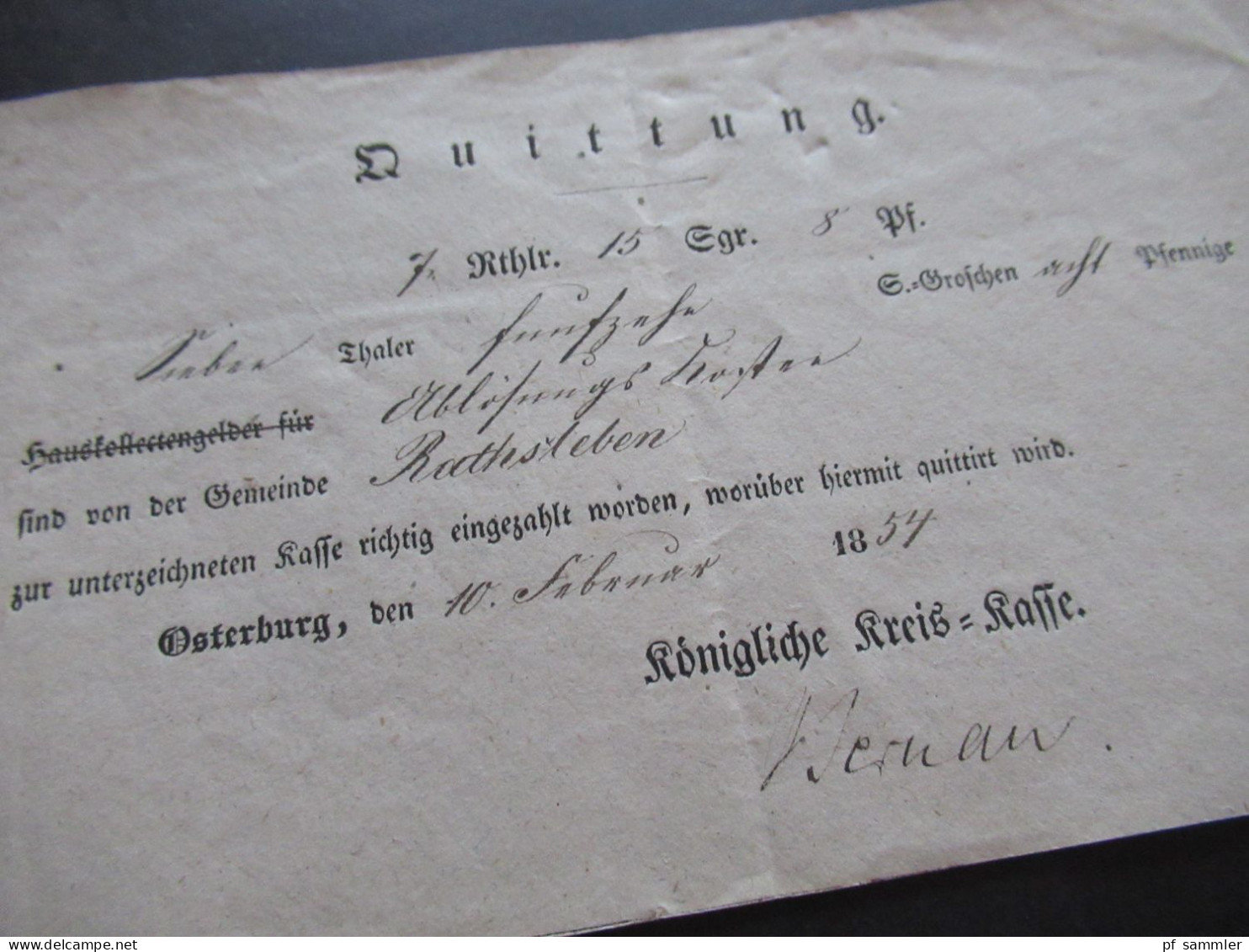 AD Preußen 1853 und 1854 Quittung / Einzahlung / Gemeinde Rathsleben / Osterburg Altmark
