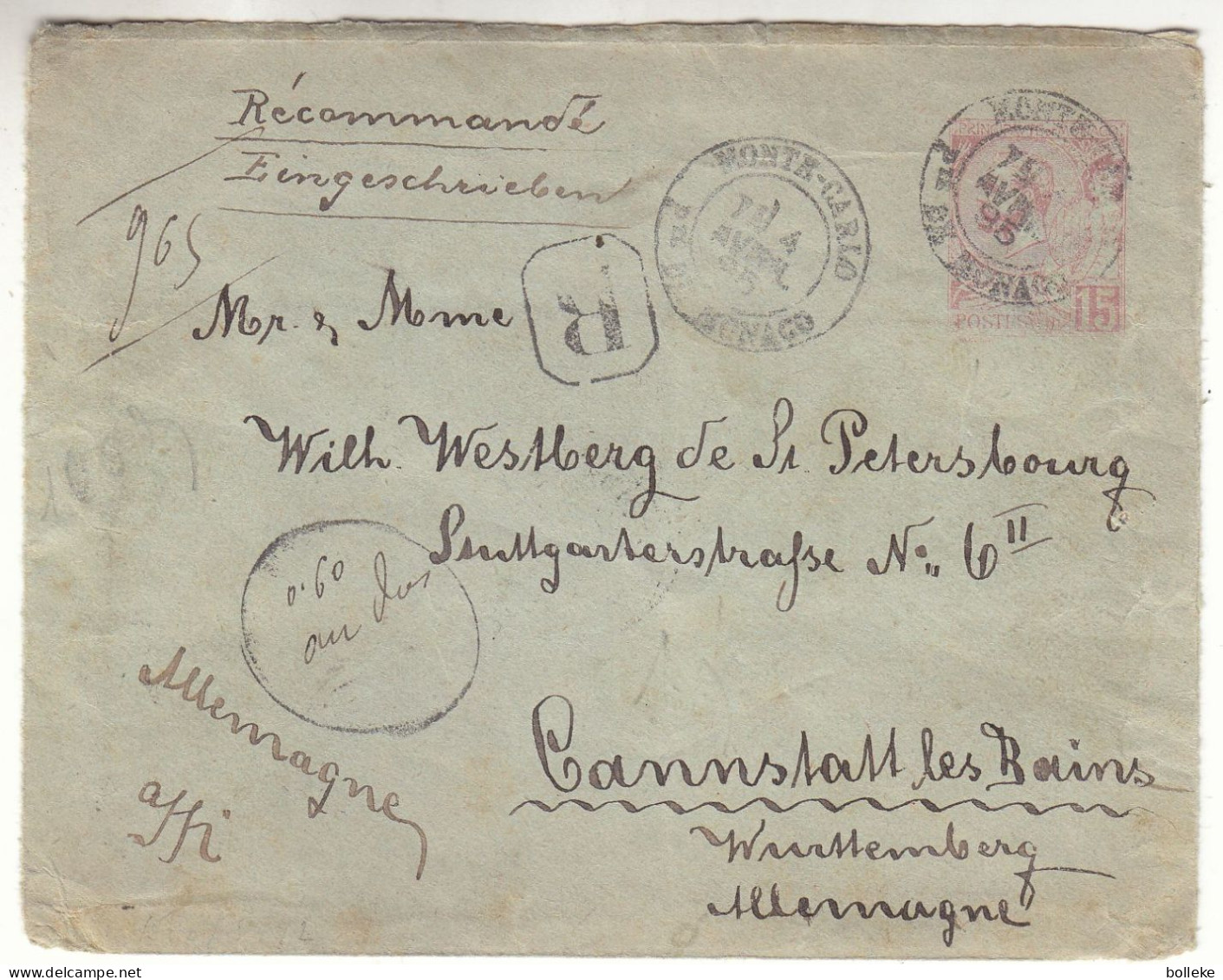 Monaco - Lettre Recom De 1895 - Entier Postal - Oblit Monte Carlo - Exp Vers Cannstatt Les Bains - Cachet De Nice - - Briefe U. Dokumente