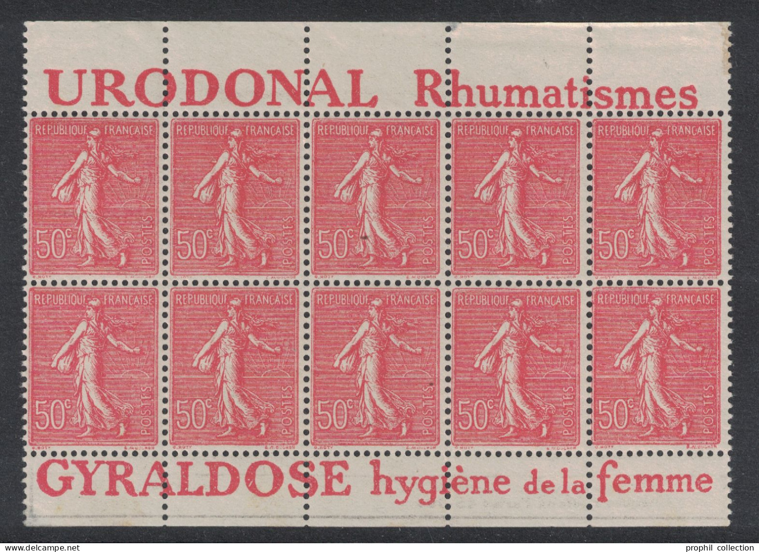 BLOC DE 10 TIMBRES NEUF ** ISSU DE CARNET Au TYPE SEMEUSE LIGNÉE N° 199 Avec BANDE PUB URODONAL + GYRALDOSE - Ungebraucht