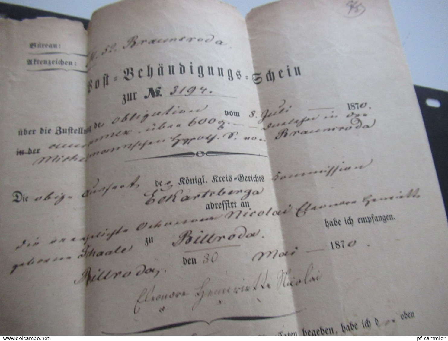 AD Sachsen 1870 Post Behändigungs Schein Mit Stempel K2 Wiehe Nach Eckartsberga - Saxony