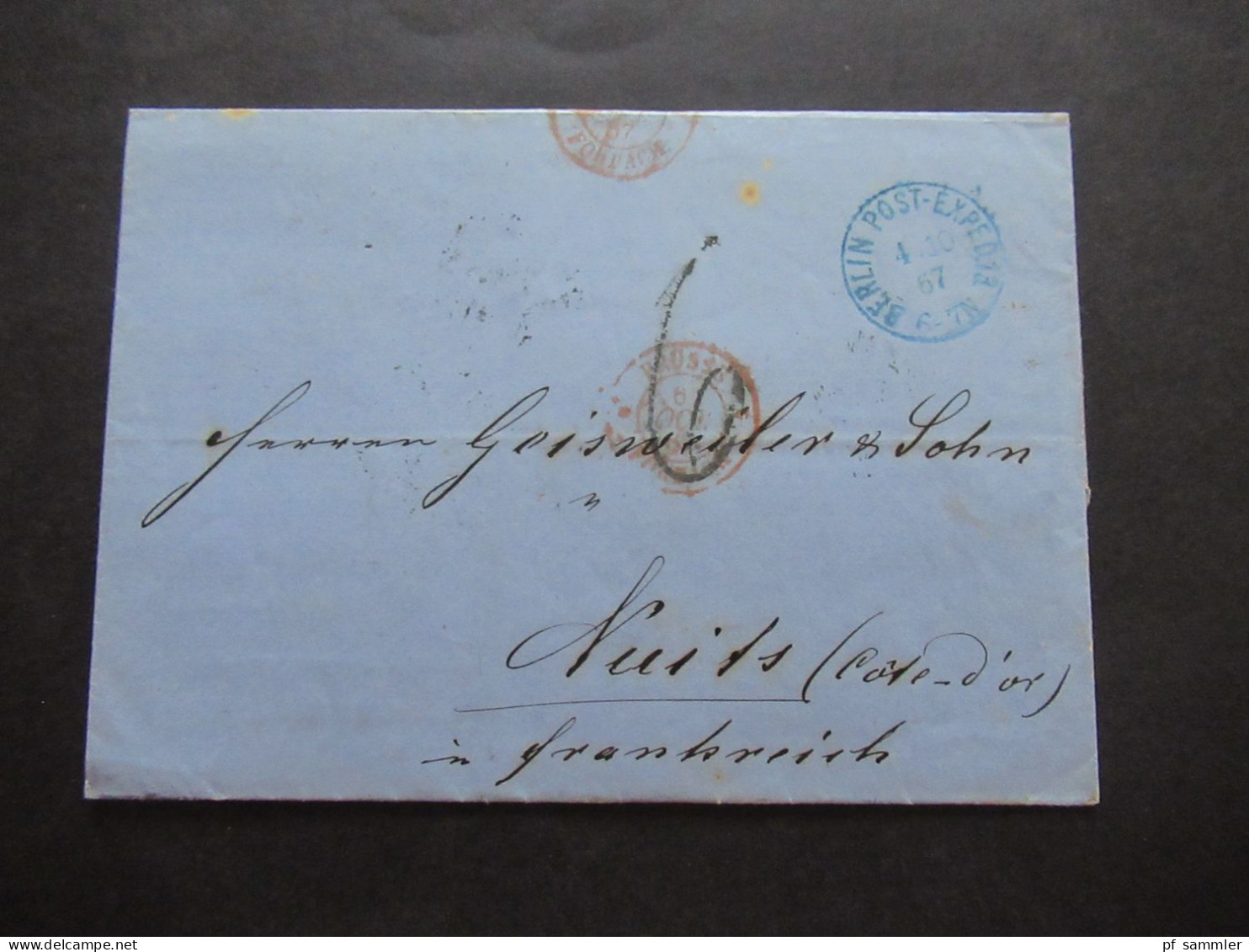 AD Preußen 18867 Auslandsbrief Blauer Stempel K1 Berlin Post Exped. 13 Nach Nuits Cote D'Or / Bahnpoststempel - Briefe U. Dokumente