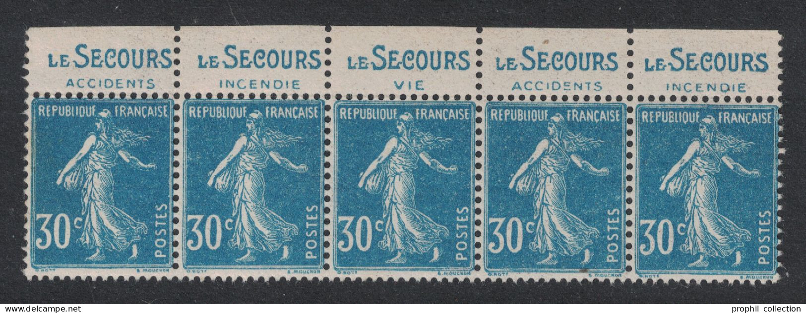 BANDE DE 5 TIMBRES NEUF ** ISSU DE CARNET Au TYPE SEMEUSE CAMÉE N° 192 Avec BANDE PUB LE SECOURS ASSURANCE VIE ACCIDENTS - Unused Stamps