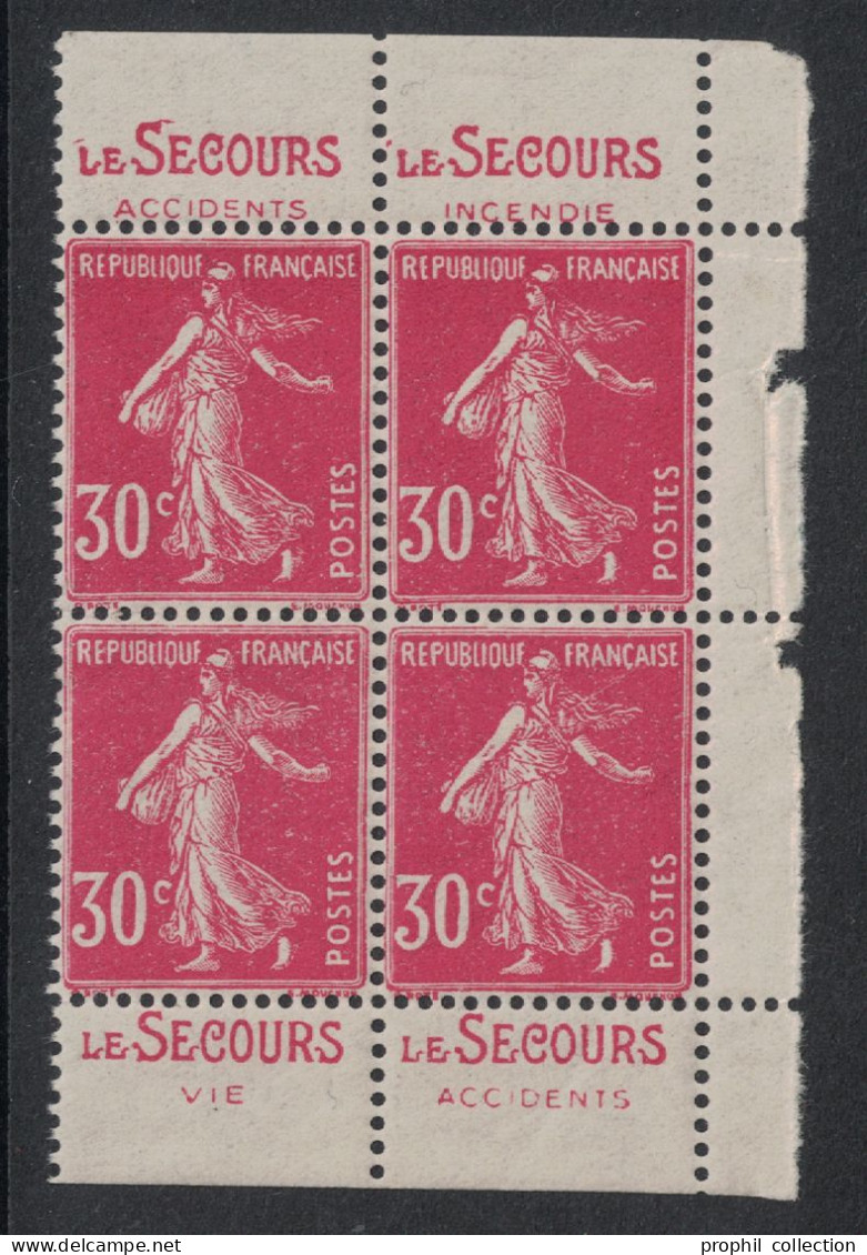 BLOC DE 4 TIMBRES NEUF ** ISSU DE CARNET Au TYPE SEMEUSE CAMÉE N° 191 Avec BANDE PUB LE SECOURS ASSURANCE VIE ACCIDENTS - Ungebraucht