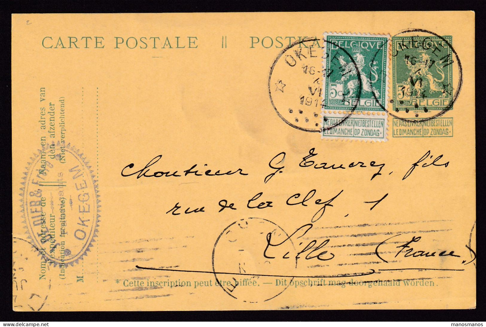 DDFF 206 -  Entier Postal Pellens + TP Dito T4R OKEGEM 1914 (Cachet Relais à Etoiles) à LILLE - COBA 30 EUR S/TP Détaché - Postkarten 1909-1934