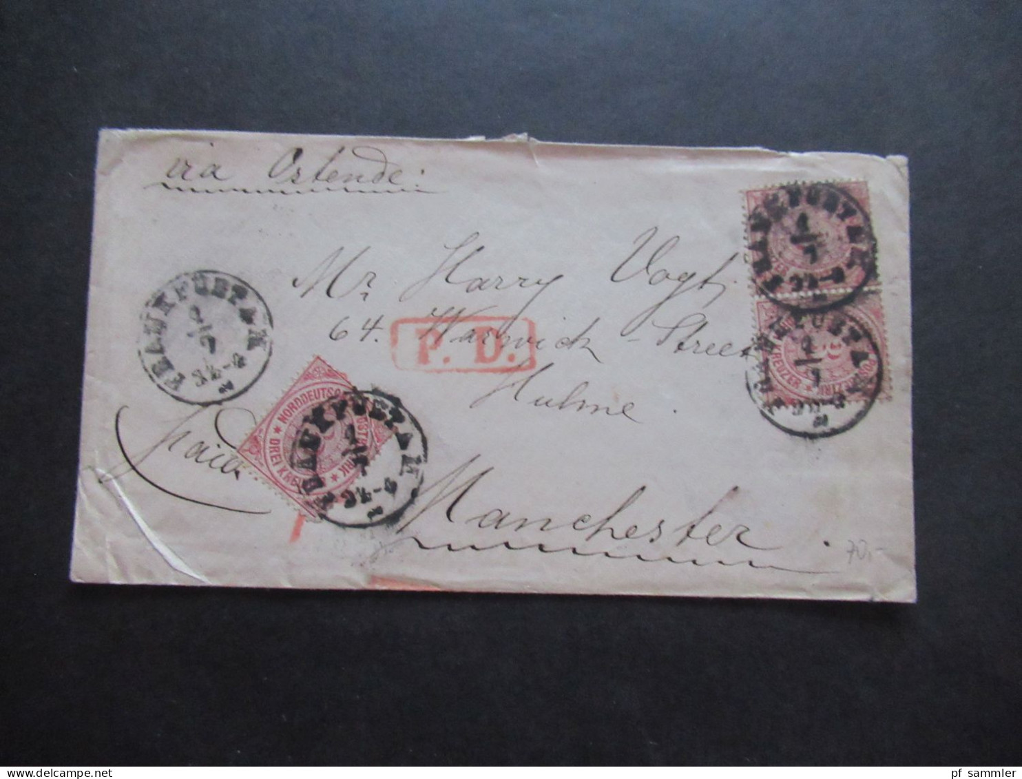 AD NDP Um 1868 Mi.Nr.9 (3) 1x Waagerechtes Paar Auslandsbrief PD Stempel FFM - Manchester Via Ostende / Franco - Brieven En Documenten