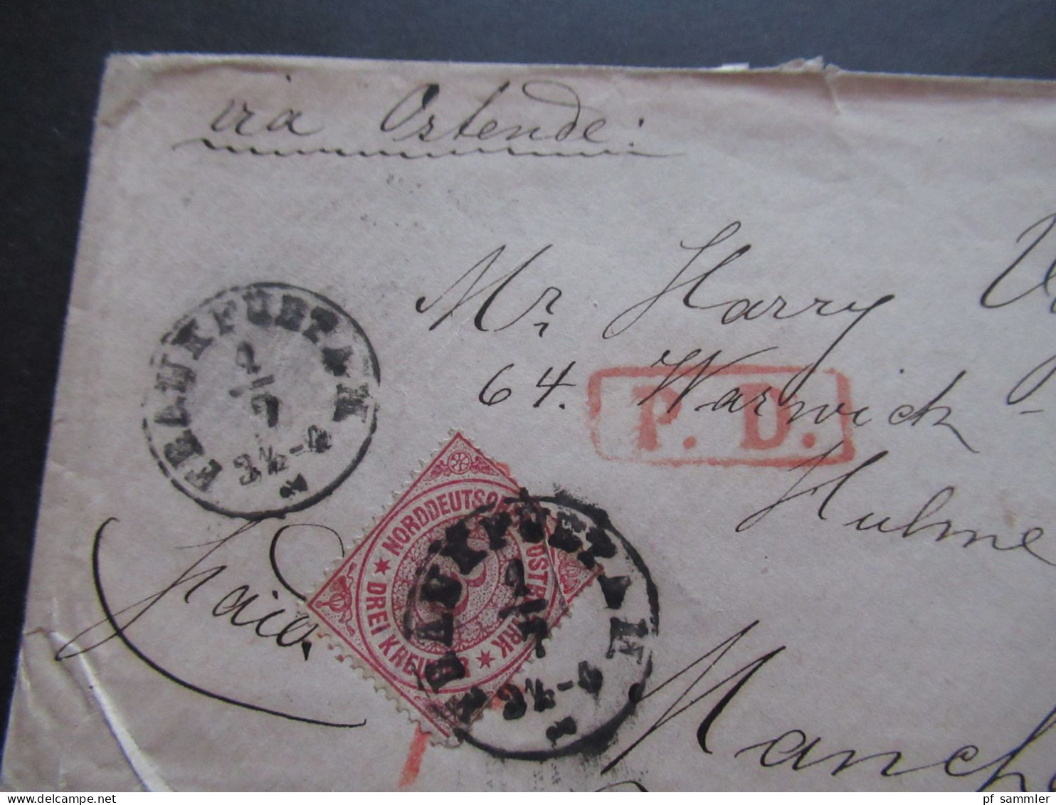 AD NDP Um 1868 Mi.Nr.9 (3) 1x Waagerechtes Paar Auslandsbrief PD Stempel FFM - Manchester Via Ostende / Franco - Storia Postale