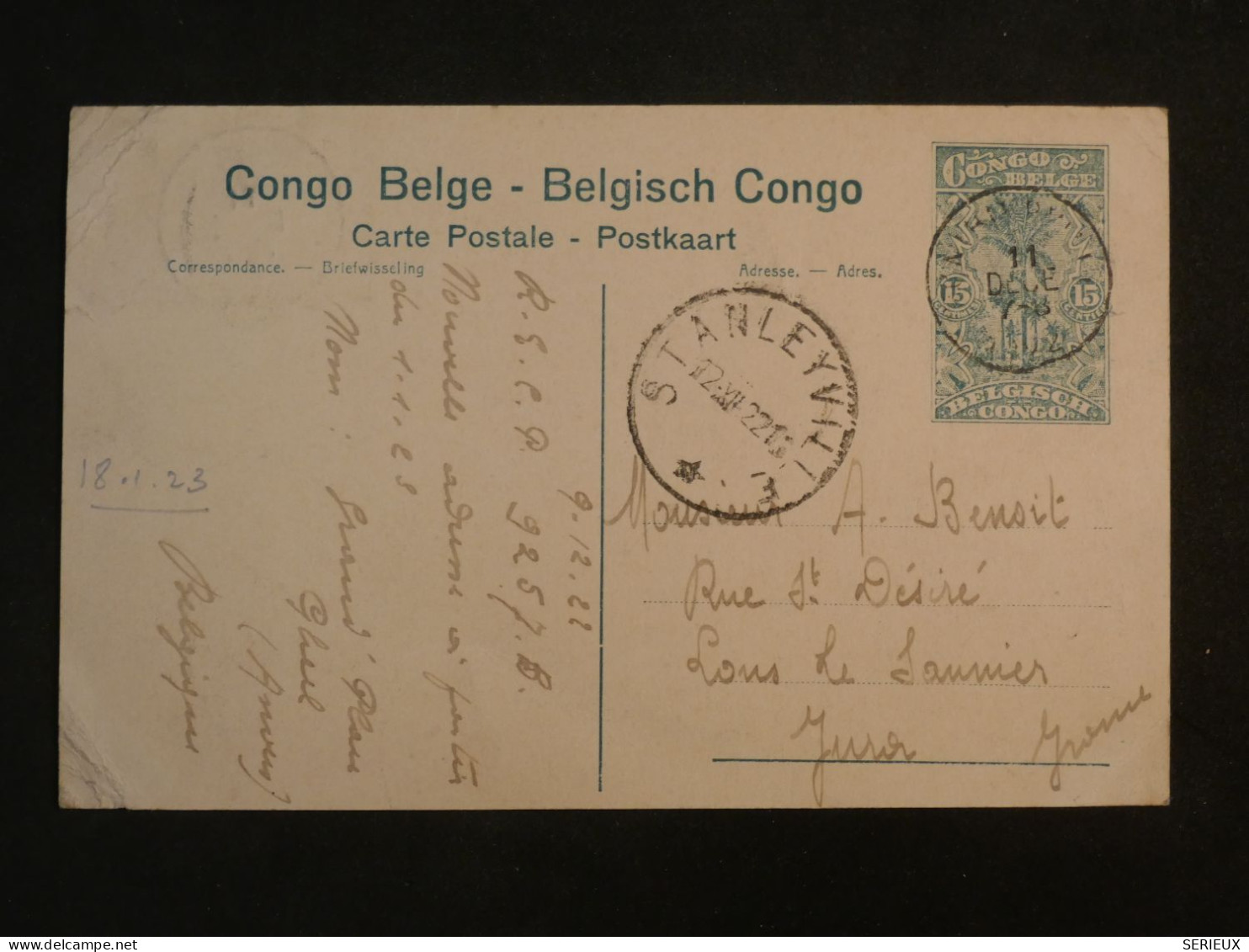 C CONGO BELGE BELLE CARTE  1922 STANLEYVILLE A LONS LE SAULNIER FRANCE +SURCHARGES +AFFR. INTERESSANT+++ - Storia Postale