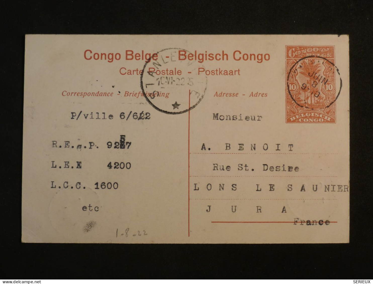 C CONGO BELGE BELLE CARTE  1922 STANLEYVILLE A LONS LE SAULNIER FRANCE +AFFR. INTERESSANT+++ - Storia Postale