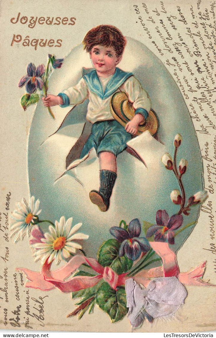 FÊTES ET VOEUX - Pâques - Un Enfant Tenant Sont Chapeau Et Une Fleurs En Courant - Colorisé - Carte Postale Ancienne - Ostern