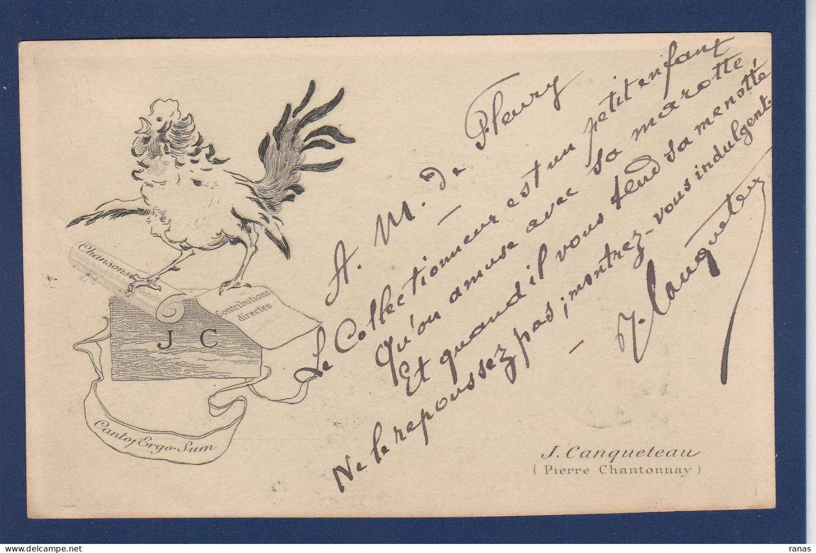 CPA Signature Autographe De J Canqueteau Pierre Chantonnay Sur CPA écrite Par Lui Coq - Schrijvers
