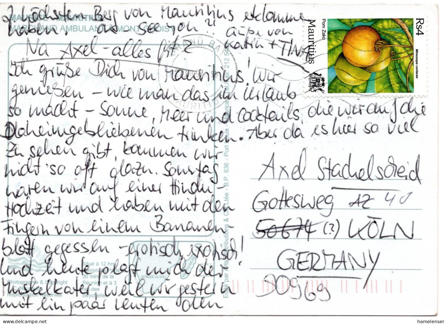 60940 - Mauritius - 1997 - Rs4 Pom Zako EF A AnsKte GRAND BAY -> Deutschland - Fruit