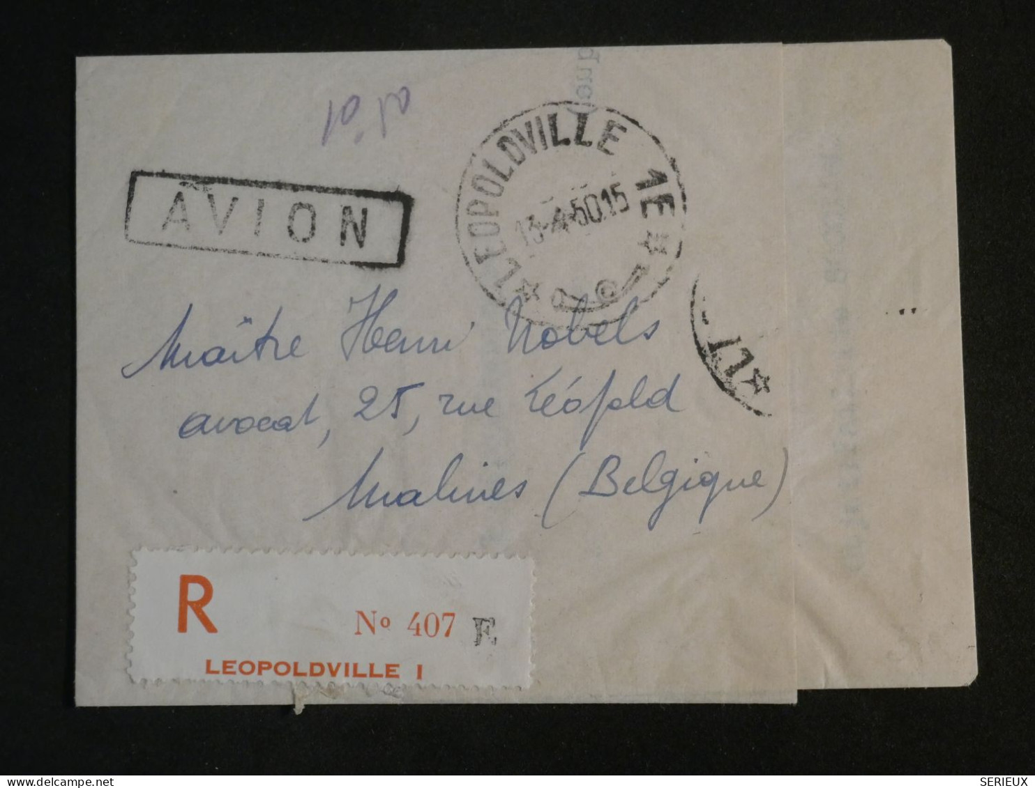 AD21 CONGO BELGE  BELLE LETTRE RECO    1950 PAR AVION LEOPOLDVILLE A MALINES BELGIQUE +AFF. INTERESSANT+NON OUVERTE++ ++ - Interi Postali