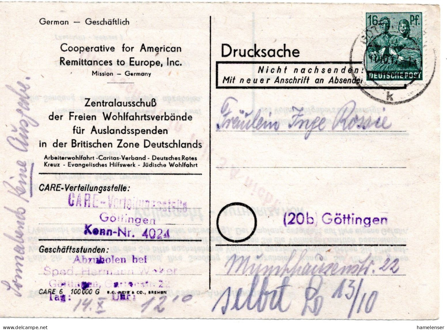 60943 - Alliierte Besetzung - 1947 - 16Pfg Bauern EF A DrucksKte Der CARE-Verteilungsstelle Innerh V GOETTINGEN - Brieven En Documenten