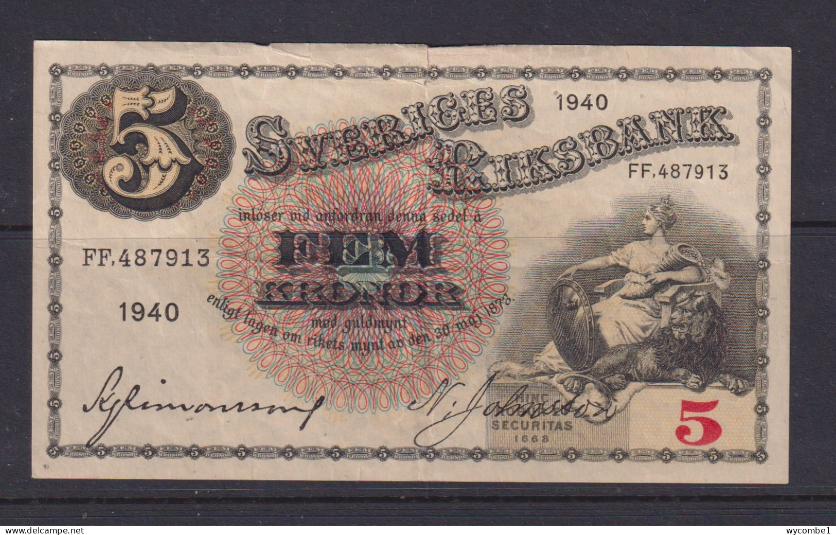 SWEDEN - 1940 5 Kronor Circulated Banknote As Scans - Sweden