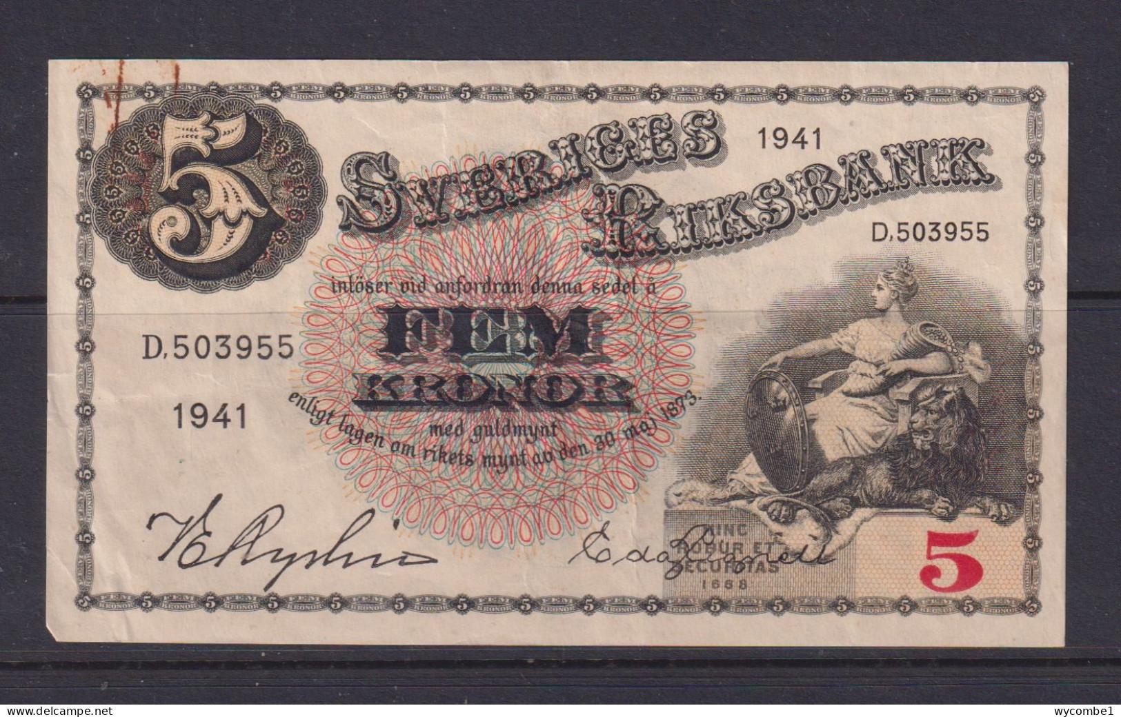 SWEDEN - 1941 5 Kronor Circulated Banknote As Scans - Sweden