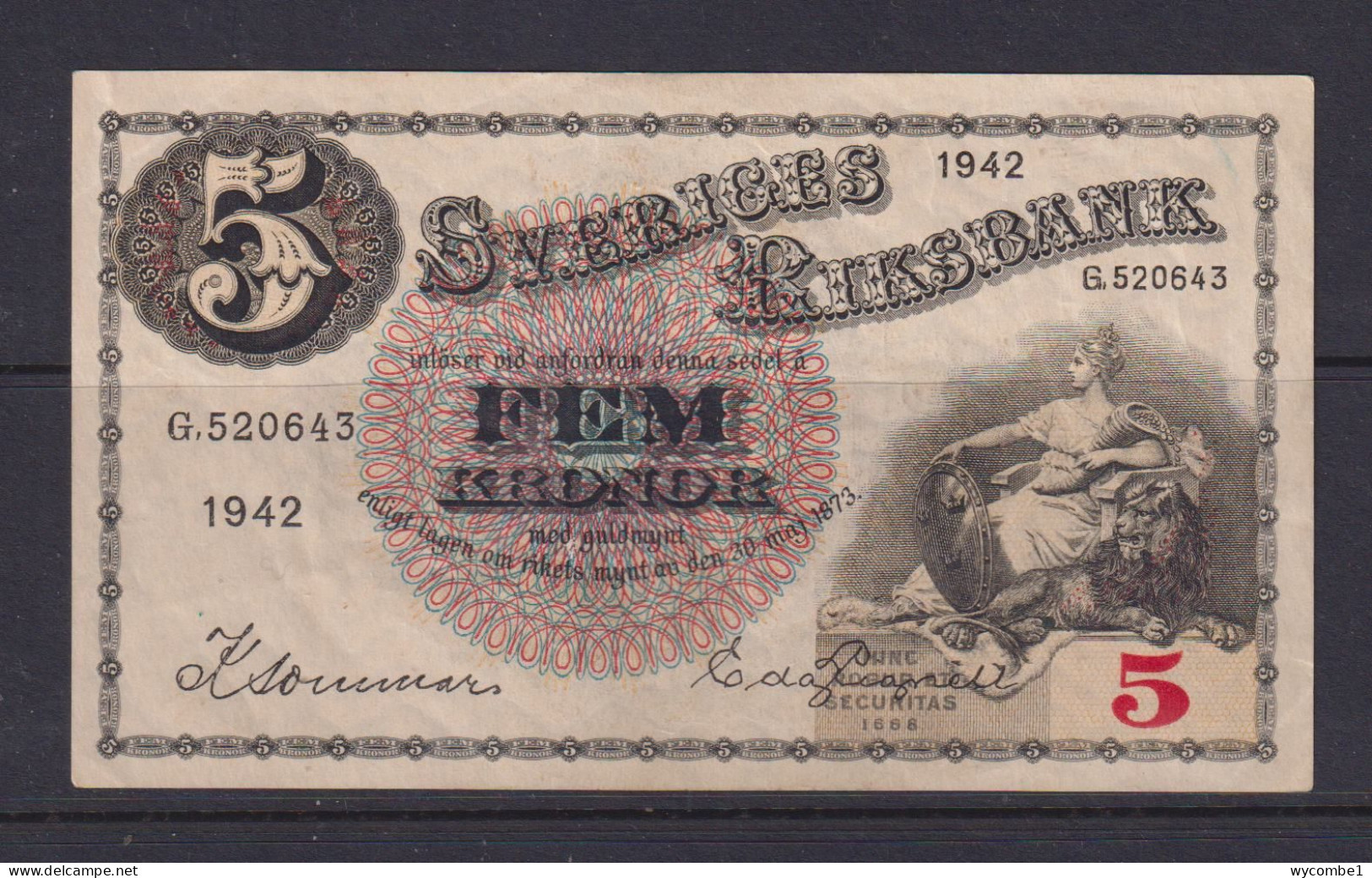 SWEDEN - 1942 5 Kronor Circulated Banknote As Scans - Sweden