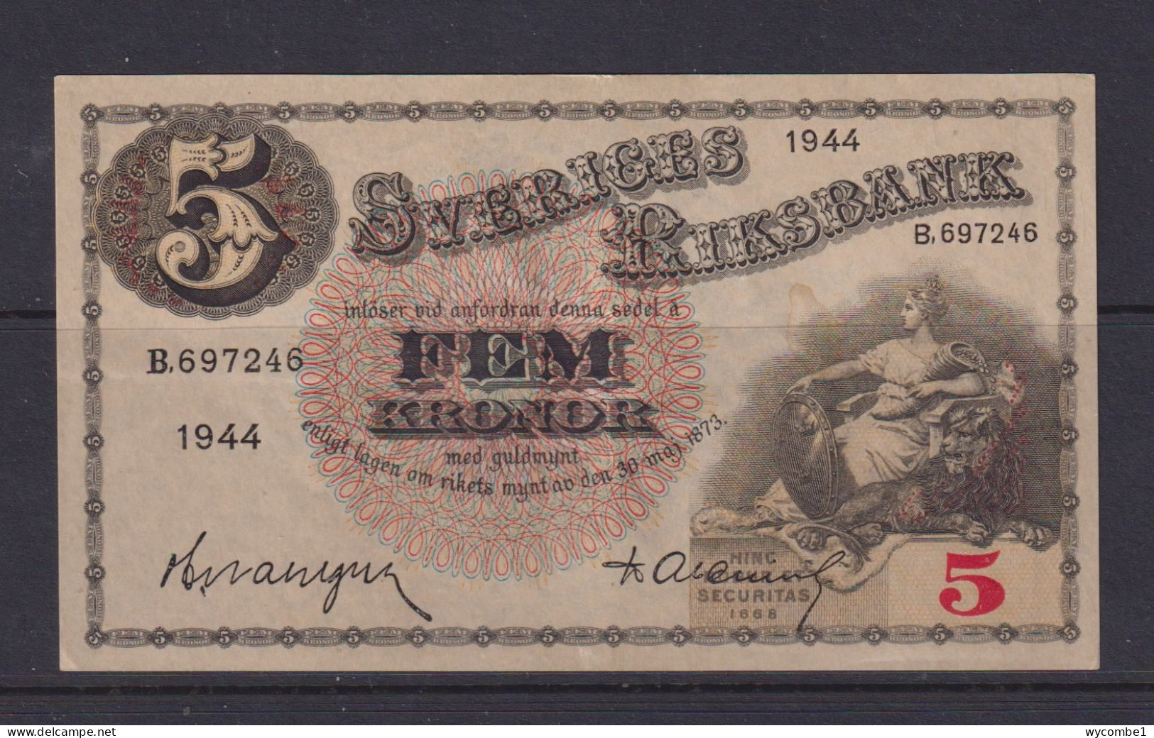 SWEDEN - 1944 5 Kronor AUNC/XF Banknote As Scans - Zweden