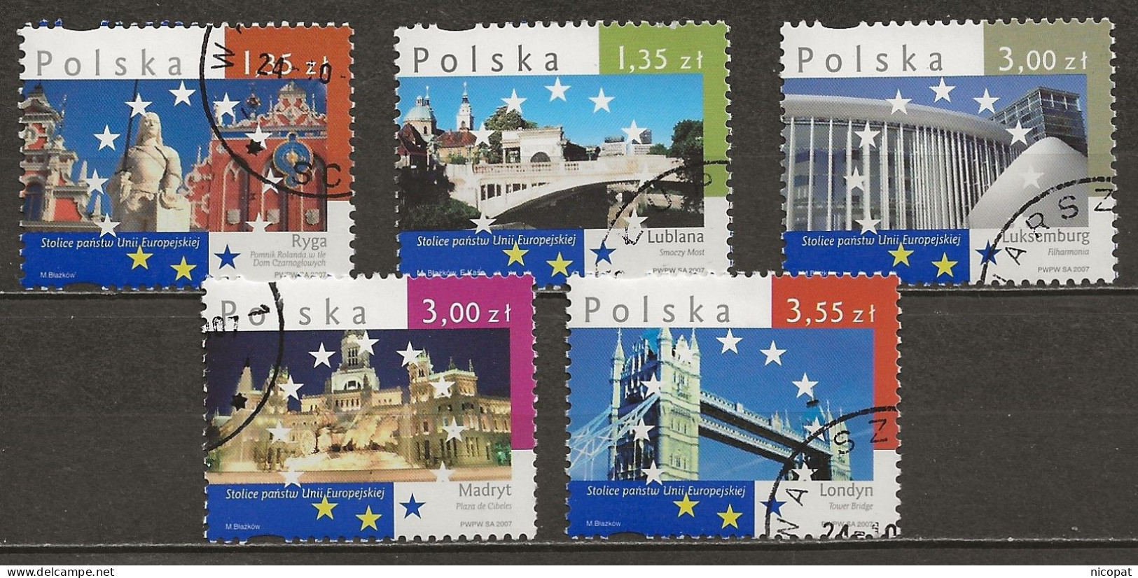 POLAND Oblitéré 4072-4076 RIGA LJUBLJANA MADRID LUXEMBOURG LONDRES Capitales De L'union Européenne - Used Stamps