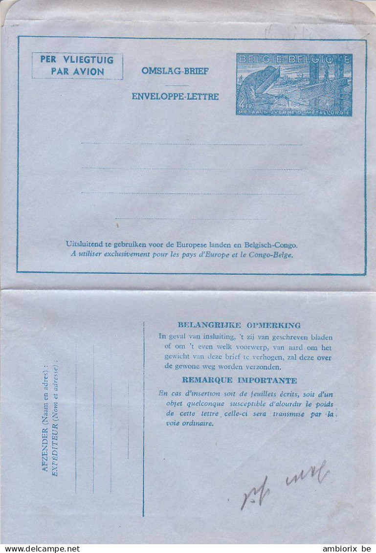Aérogramme Série 2 - NF - Timbre à 4 Fr - Variante (voir Le 'U' De Belgique) - Aérogrammes