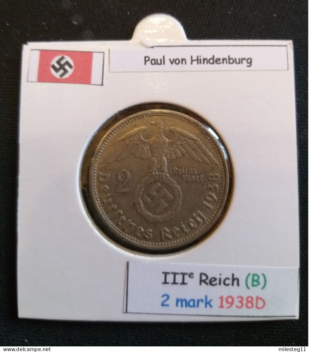 Pièce De 2 Reichsmark De 1938D (Munich) Paul Von Hindenburg (position B) - 2 Reichsmark