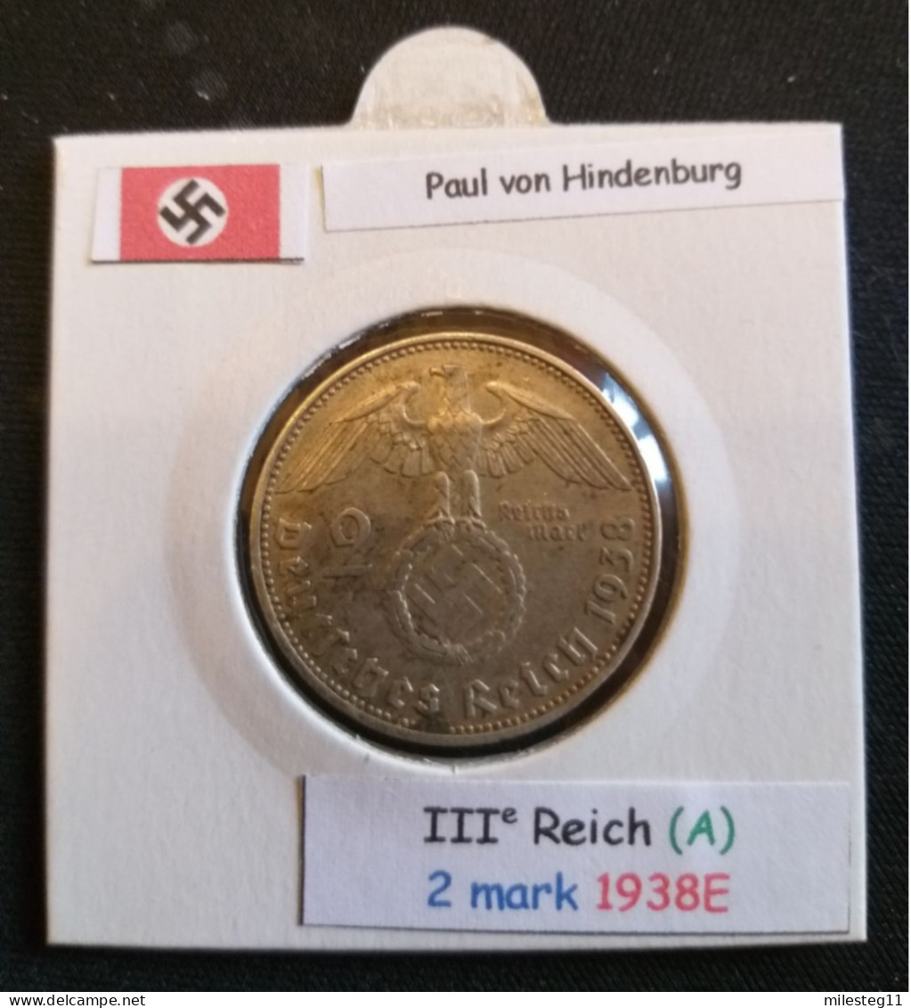 Pièce De 2 Reichsmark De 1938E (Muldenhütten) Paul Von Hindenburg (position A) - 2 Reichsmark