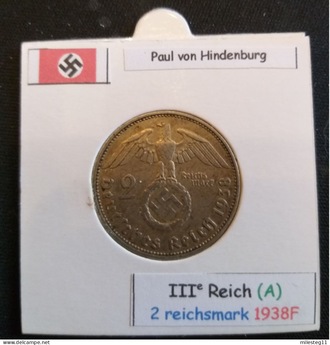 Pièce De 2 Reichsmark De 1938F (Stuttgard) Paul Von Hindenburg (position A) - 2 Reichsmark