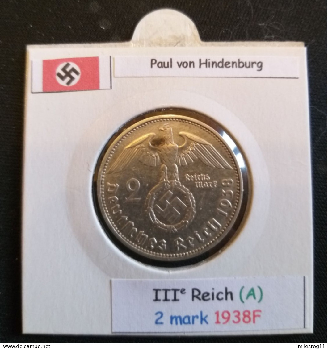 Pièce De 2 Reichsmark De 1938F (Stuttgard) Paul Von Hindenburg (position A) - 2 Reichsmark