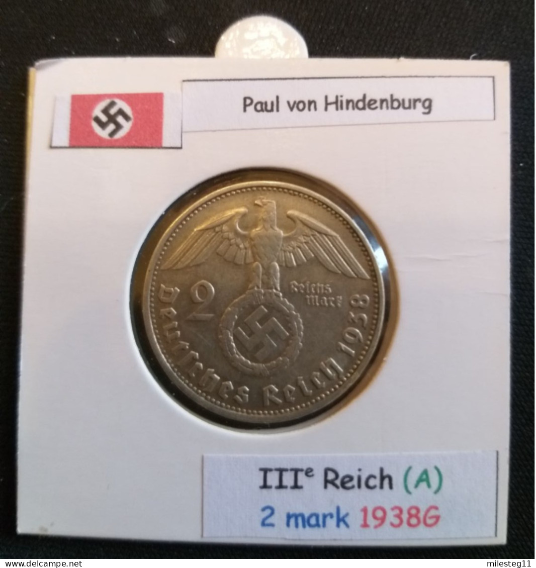 Pièce De 2 Reichsmark De 1938G (Karlsruhe) Paul Von Hindenburg (position A) - 2 Reichsmark