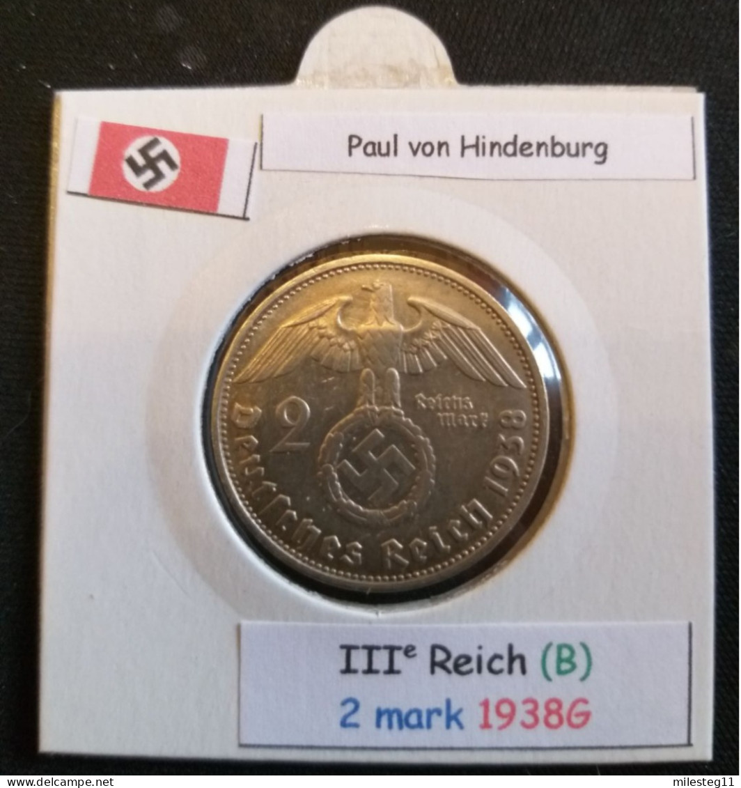 Pièce De 2 Reichsmark De 1938G (Karlsruhe) Paul Von Hindenburg (position B) - 2 Reichsmark