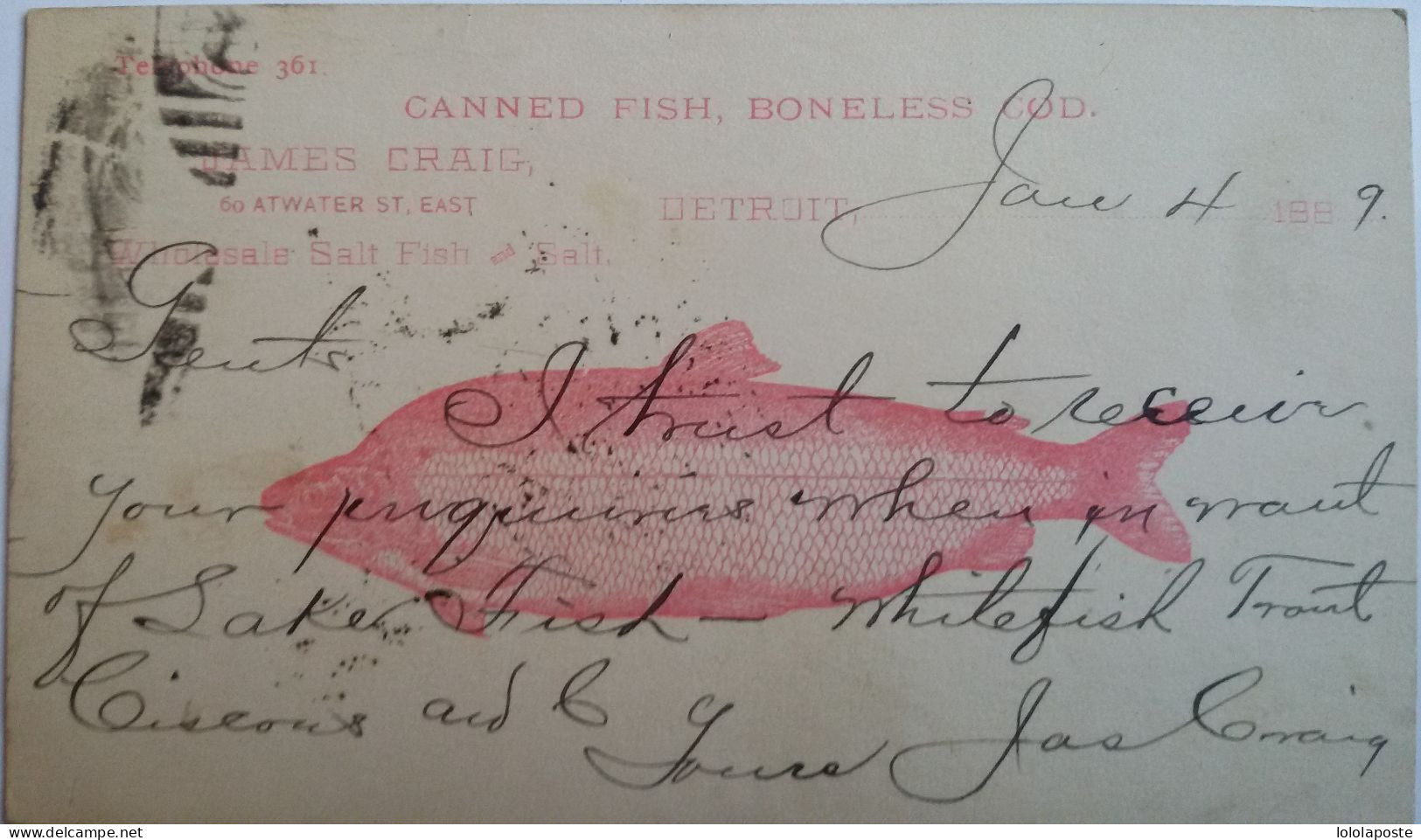 THEME POISSON - ETATS-UNIS - Entier Postal Publicitaire De 1889 De JAMES CRAIG Pour La Morue - RARE -2 Photos - ...-1900