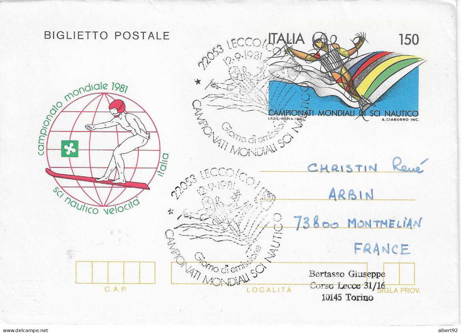 1981 Championnat Du Monde De Ski Nautique En Italie: Aérogramme Entier Postal Circulé - Sci Nautico