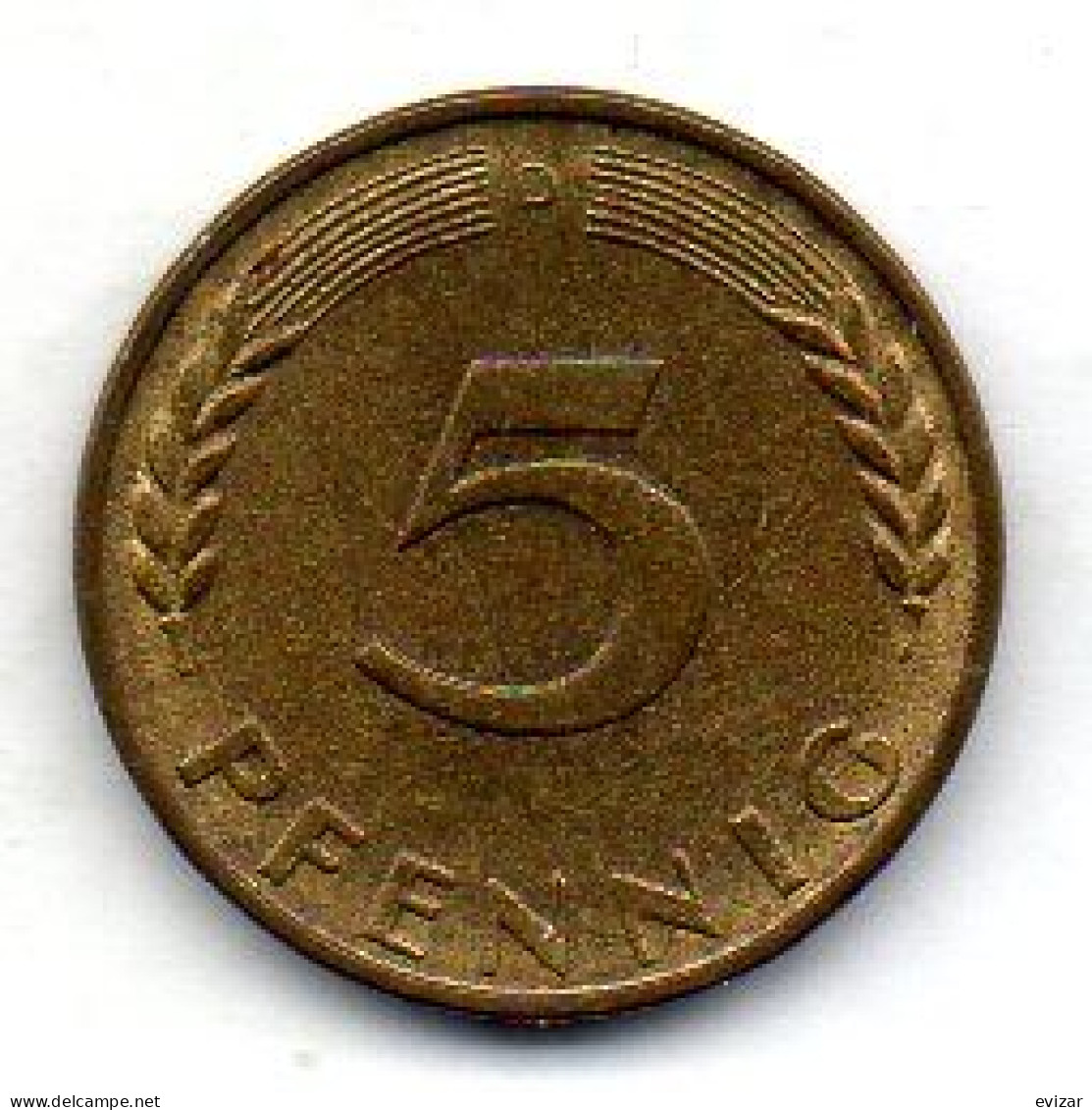 GERMANY - FEDERAL REPUBLIC, 5 Pfennig, Brass, Year 1949-D, KM # 102 - 5 Pfennig