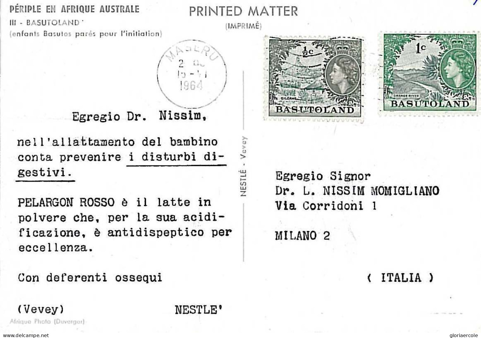 26897 - BASUTOLAND - POSTAL HISTORY -   COVER To ITALY  1964 - 1933-1964 Colonie Britannique