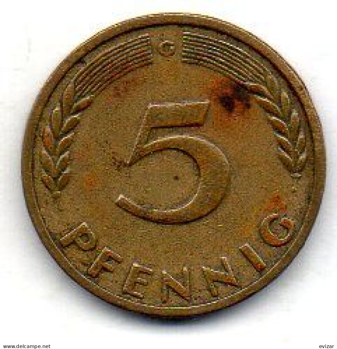 GERMANY - FEDERAL REPUBLIC, 5 Pfennig, Brass, Year 1949-G, KM # 102 - 5 Pfennig