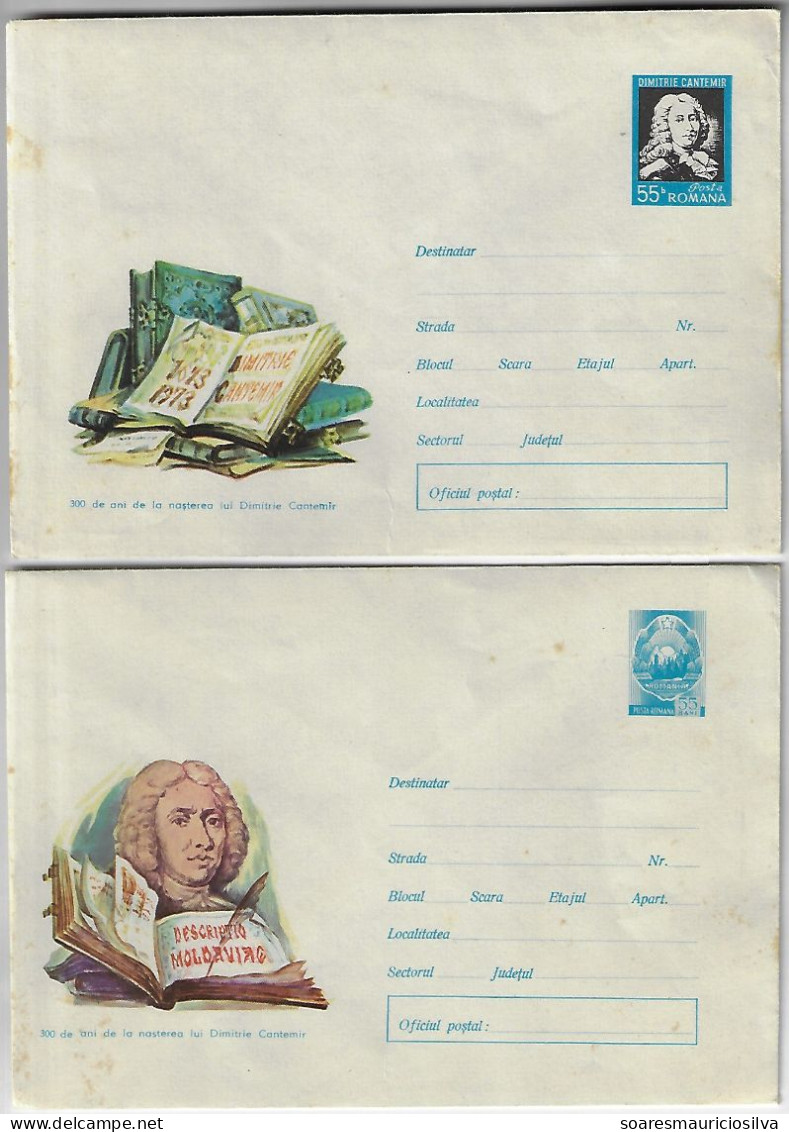 Romania 1973 2 Postal Stationery Cover Stamp 55 Bani Dimitrie Cantemir Book Description Of Moldavia Feather Pen Unused - Briefe