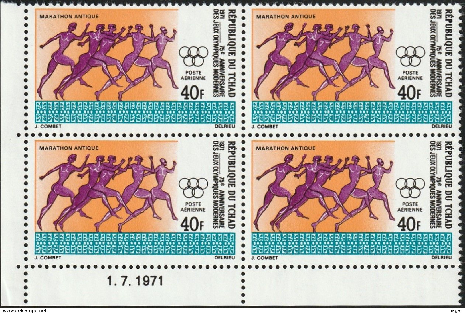 THEMATIC OLYMPIC GAMES:  T5th ANNIVERSARY OF THE FIRST OLYMPIC GAMES OF THE MODERN ERA.  BLOCKS OF 4 WITH DATE  -  TCHAD - Verano 1896: Atenas