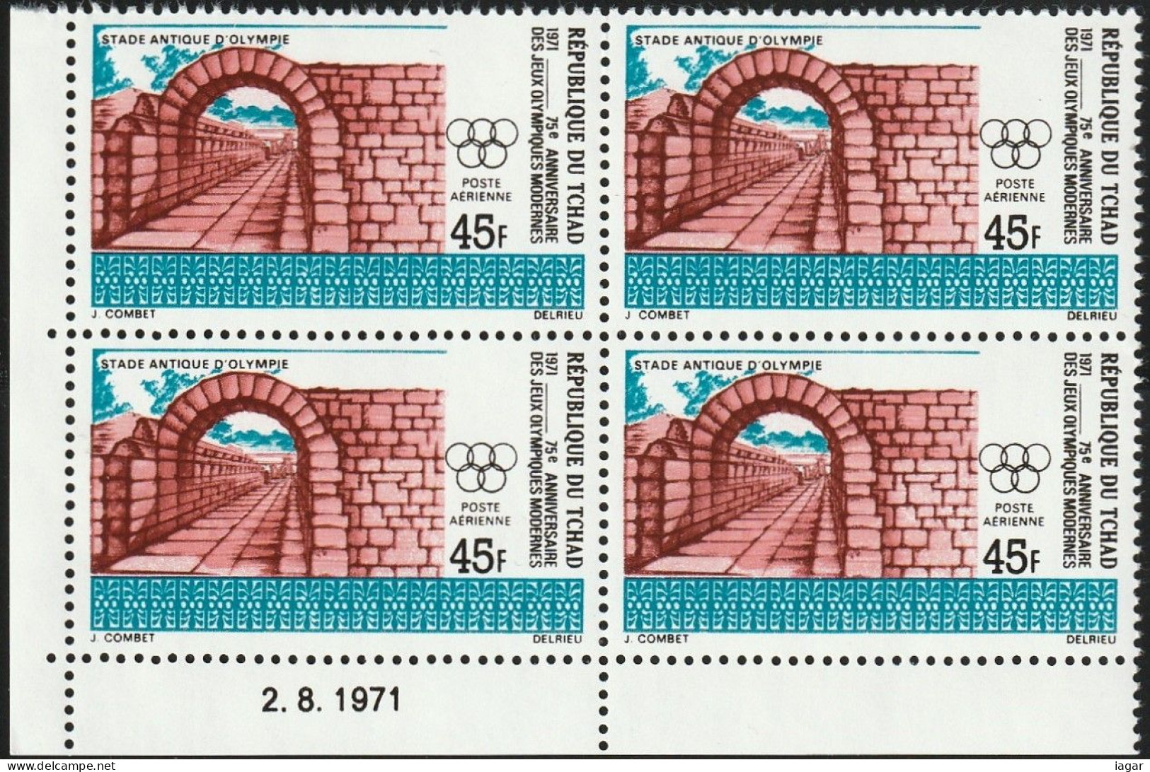 THEMATIC OLYMPIC GAMES:  T5th ANNIVERSARY OF THE FIRST OLYMPIC GAMES OF THE MODERN ERA.  BLOCKS OF 4 WITH DATE  -  TCHAD - Verano 1896: Atenas