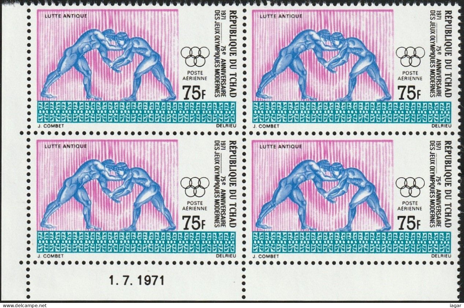 THEMATIC OLYMPIC GAMES:  T5th ANNIVERSARY OF THE FIRST OLYMPIC GAMES OF THE MODERN ERA.  BLOCKS OF 4 WITH DATE  -  TCHAD - Zomer 1896: Athene