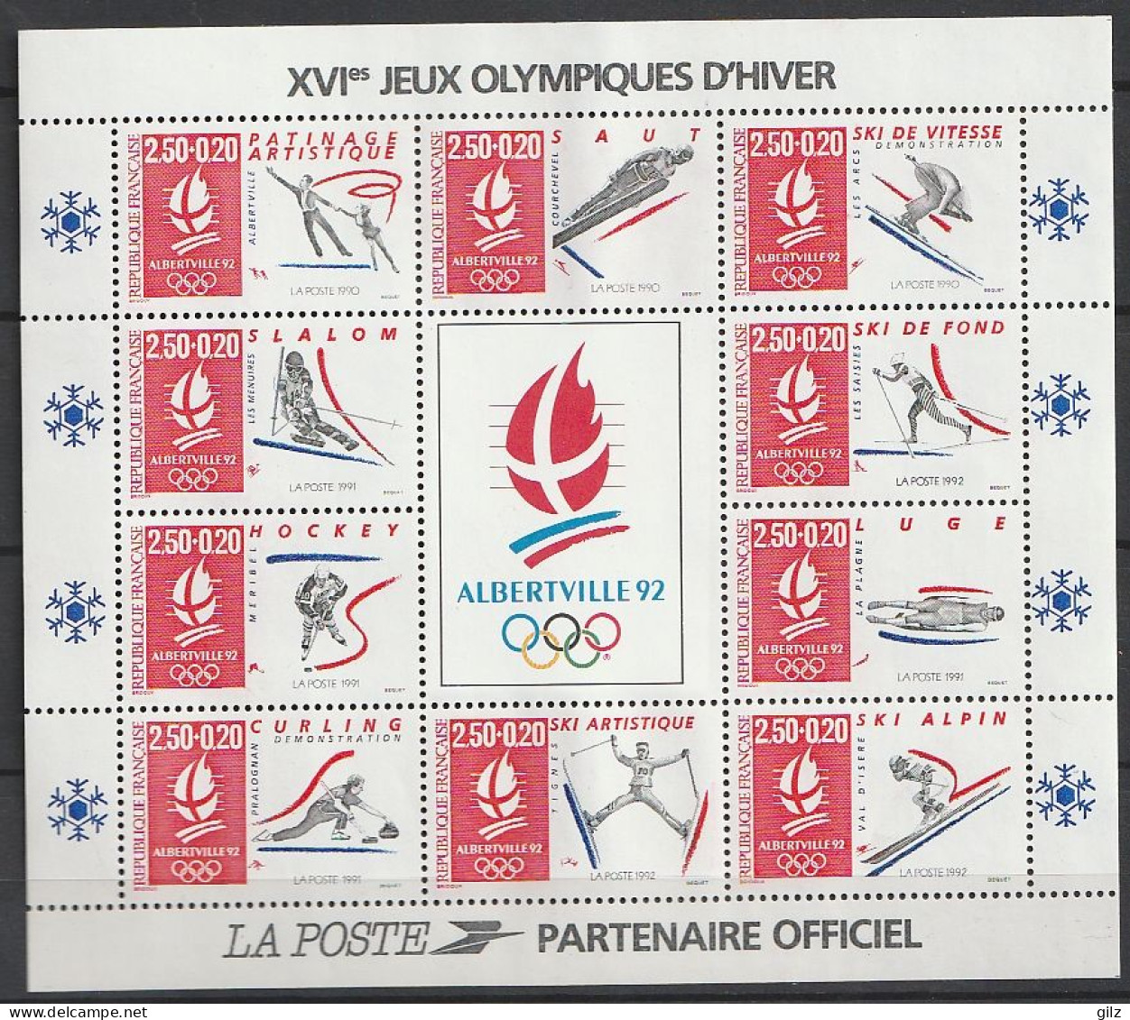 lot France -1992 jeux olympique d'alberville ,depliant +serie +2 blocs ski accrobatique+bloc+ 5 ex obli   (voir scan)