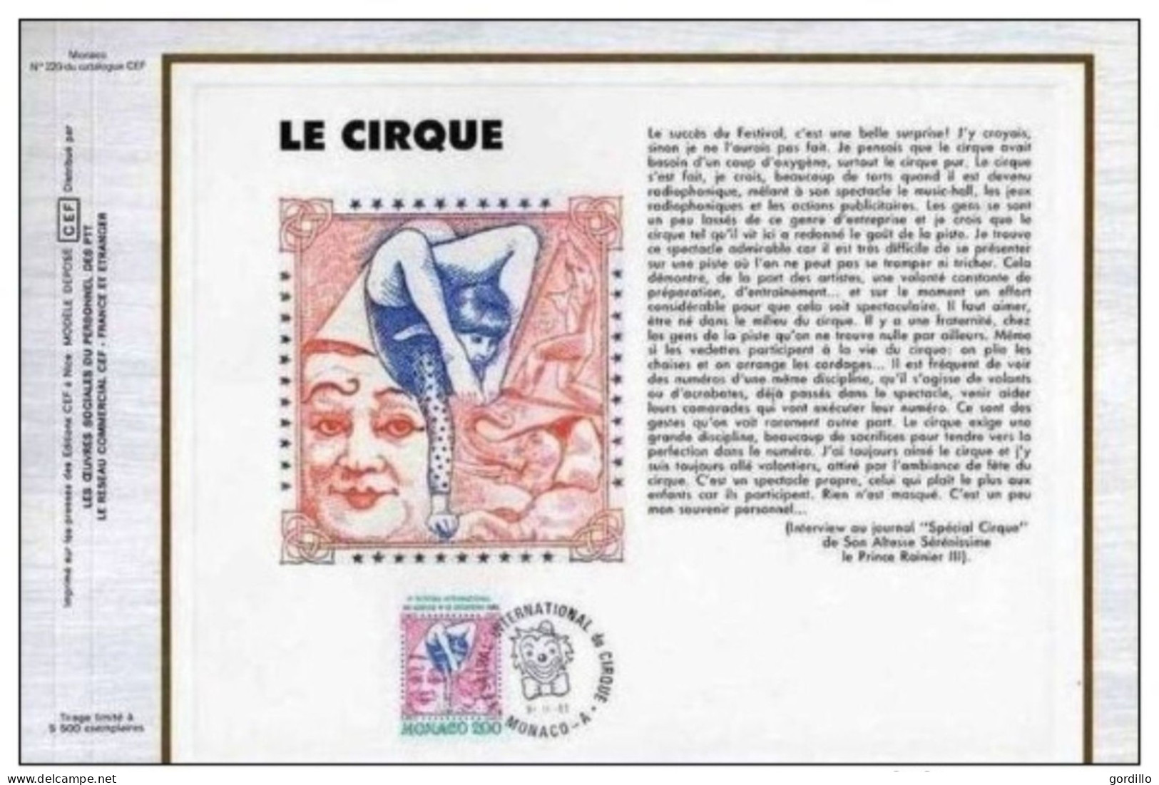 FDC Feuillet CEF Monaco " CIRQUE ". 1983. - Cirque