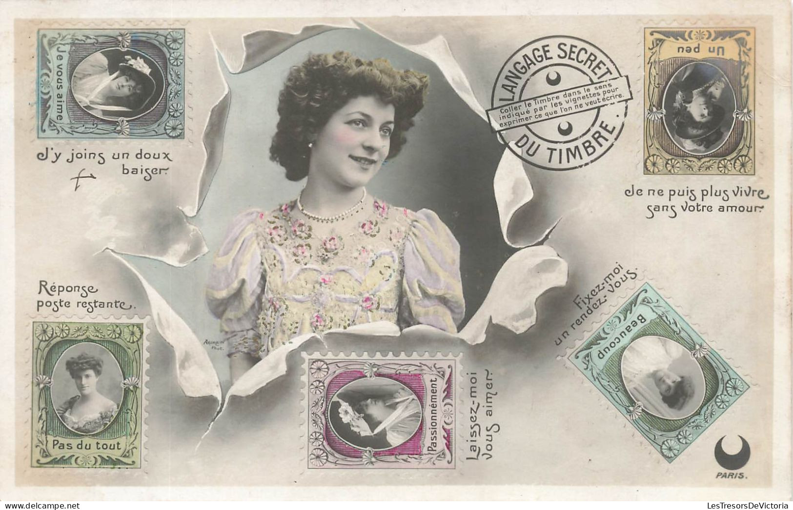 TIMBRES  - Langage Secret Du Timbre - Colorisé - Carte Postale Ancienne - Stamps (pictures)