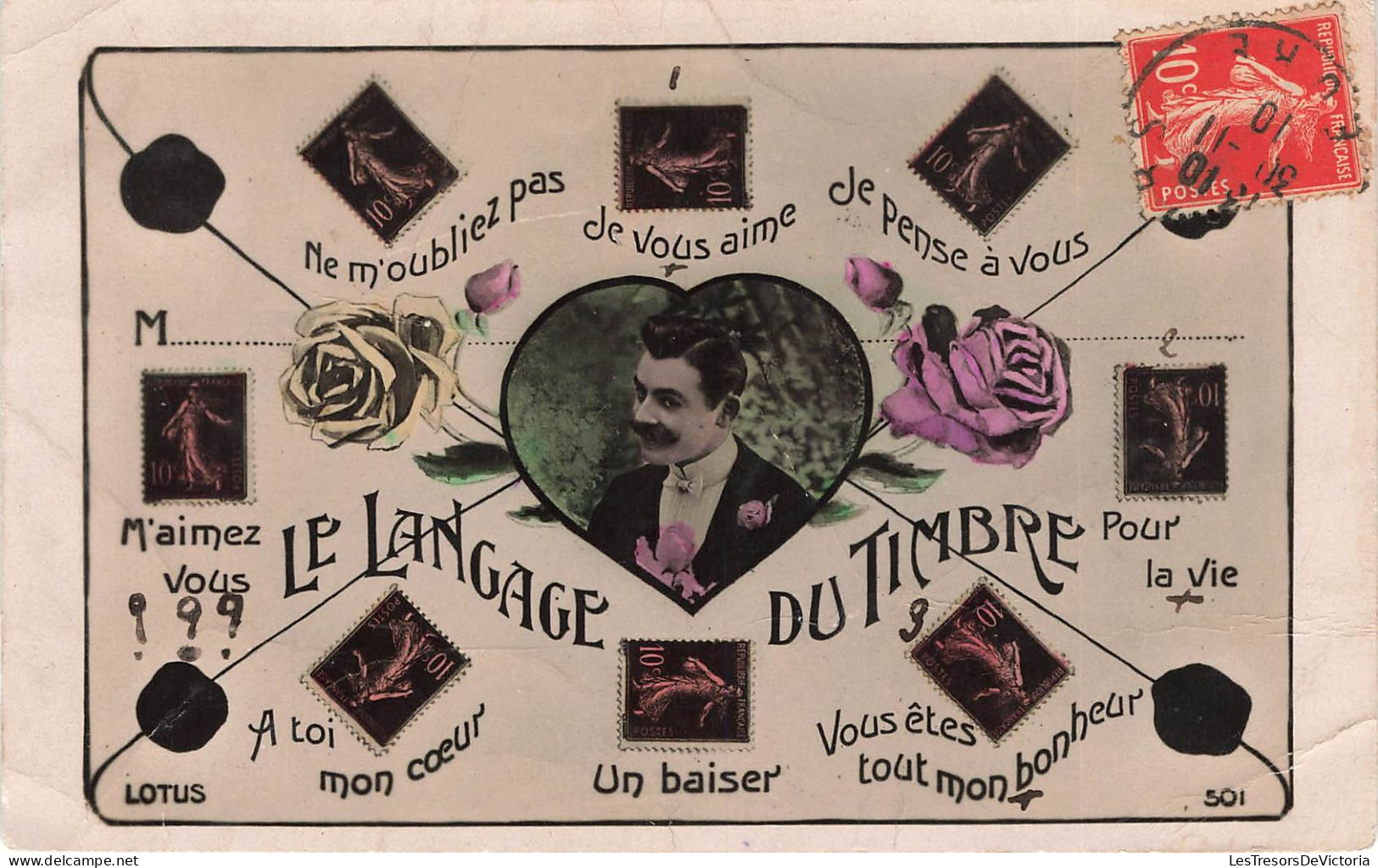 TIMBRES  - Le Langage Du Timbre - Colorisé - Carte Postale Ancienne - Timbres (représentations)