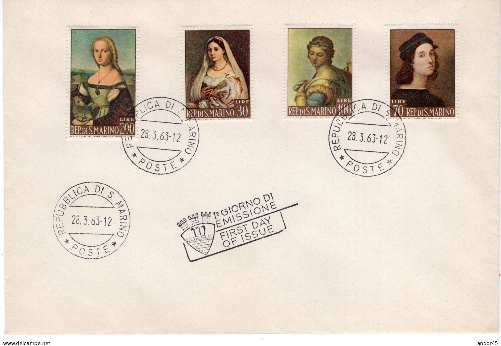 1963 BUSTA FDC CON SERIE COMPLETA DI QUATTRO VALORI "DIPINTI CELEBRI DI RAFFAELLO " MOLTO BELLA - Cartas & Documentos