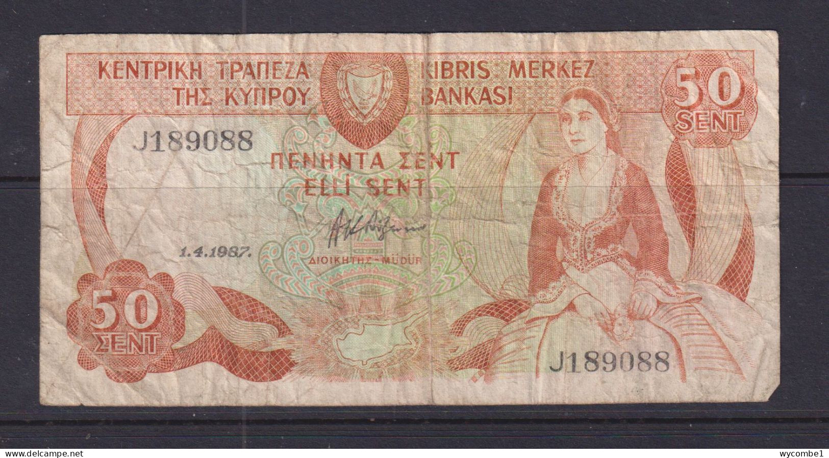 CYPRUS- 1987 50 Sent Circulated Banknote As Scans - Cyprus